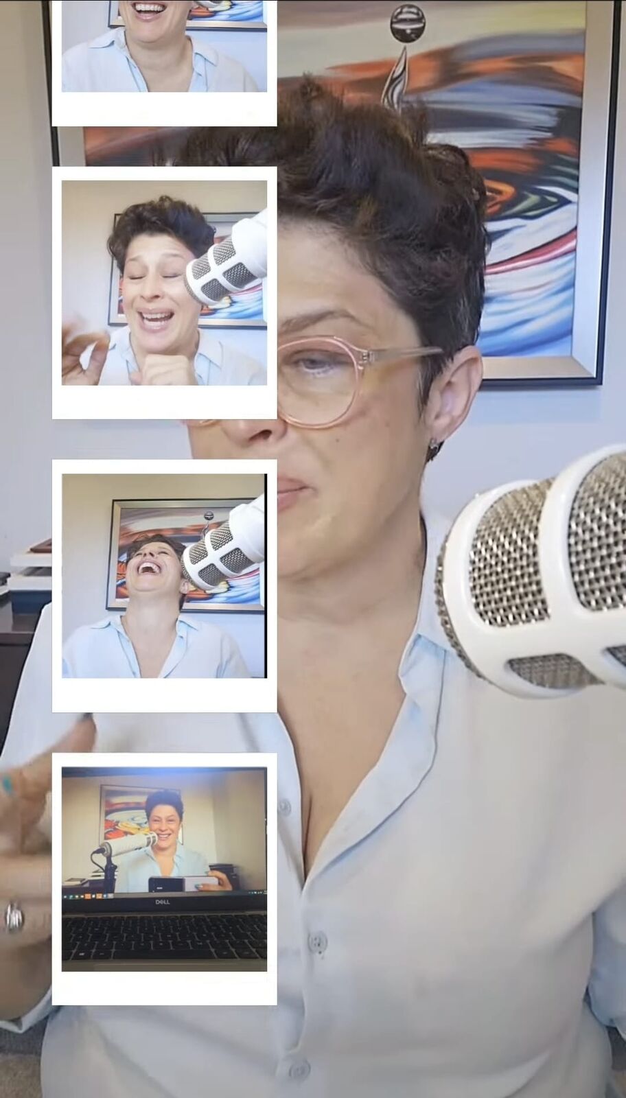 Amanda Anderson recording with a condenser microphone, surrounded by a collage of video stills showing her laughing